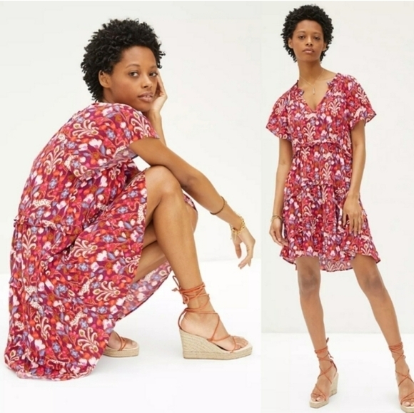 Anthropologie Robin Tiered Mini Dress Pink Ikat Flutter Sleeve Ruffle Size XS - Picture 9 of 14